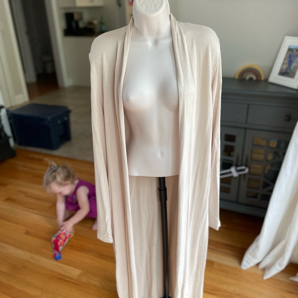 Long cardigan sweater, oatmeal color.